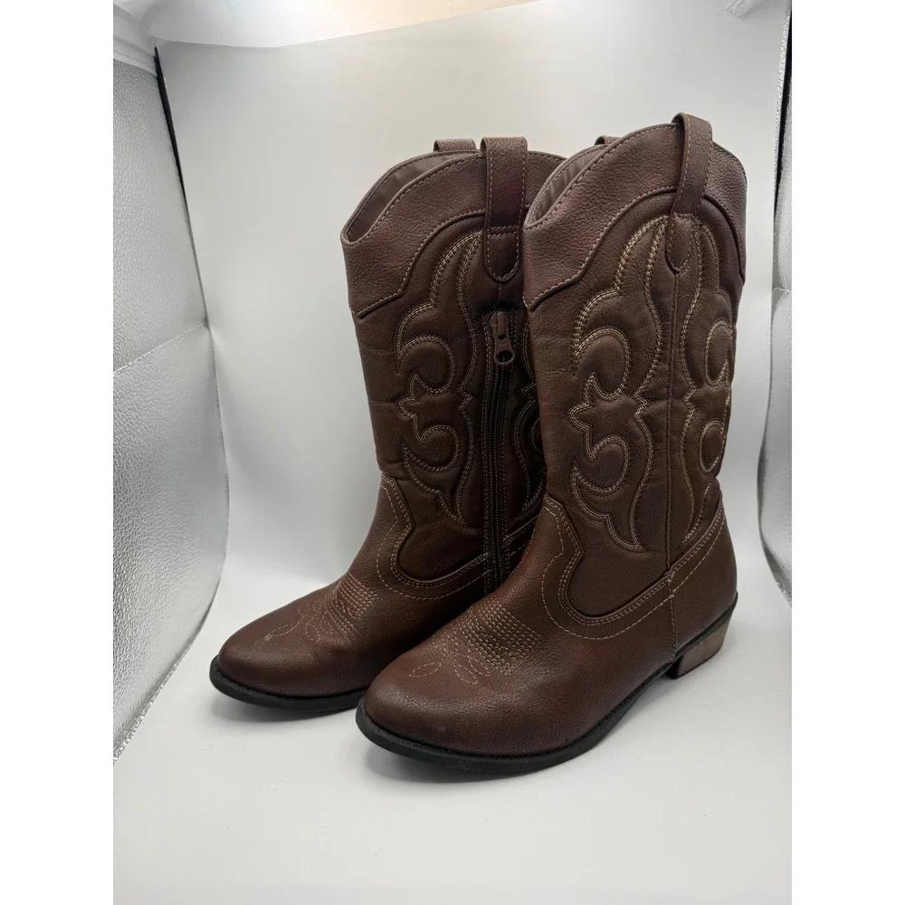 Cat & Jack Western Cowboy Boots Kids Size 3 Brown Faux Leather Side Zip Stitch